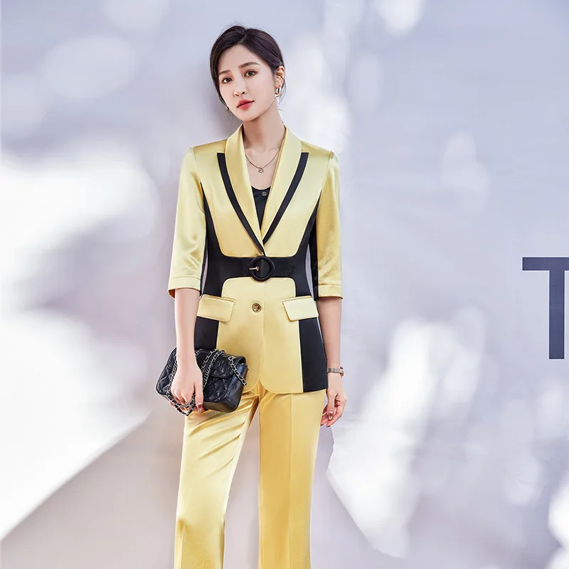 IZICFLY Spring Summer New Style Yellow Patchwork Office Ladies Pants Suit With Blazer Business 2 Piece Sets Womens Outfits Work