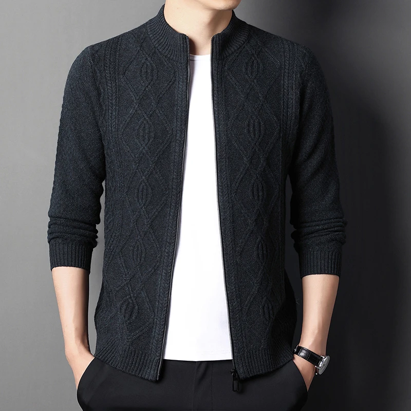 

Sweater Men's Jacquard Pure Wool Knitted Cardigan Autumn and Winter Stand Collar Thickened Solid Color Knitted Coat