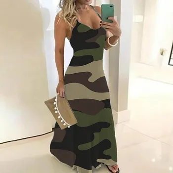 Ladies Plus Size Camouflage Print Dress Elegant Party Dresses For Women Sleeveless V Collar Thin Straps Long Dresses платье 1