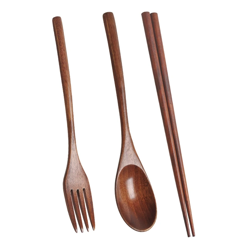 

6X Wooden Cutlery Set Portable Eco Friendly Reusable Flatware Utensils Set Spoon Fork Chopsticks