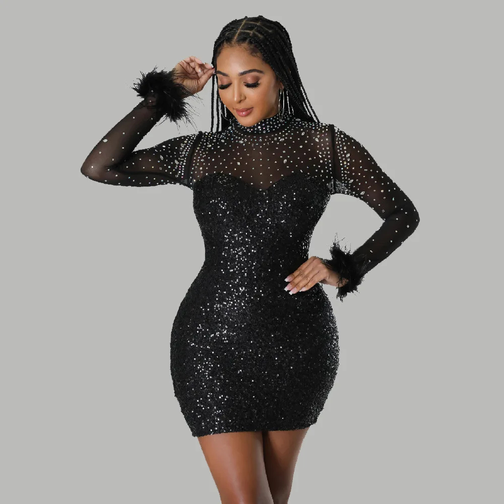 

Fashion Elegant See Through Sequin Diamond Feather Long Sleeve Cocktail Bodycon Dress Women Sexy Clubwear Corset Party Dress