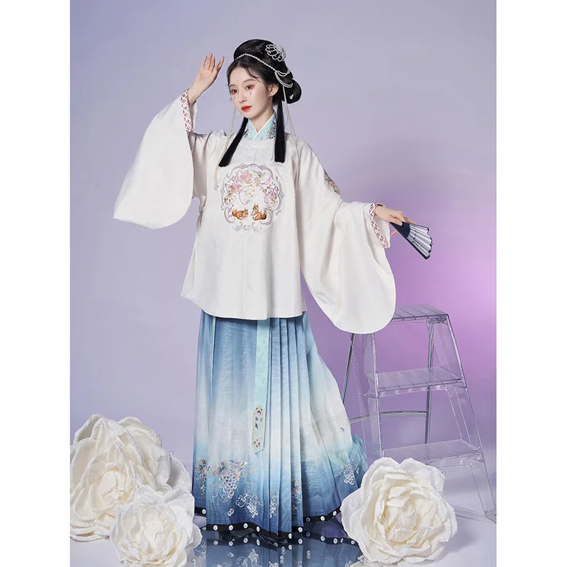 ChongHuiHanTang Original Chinese Dresses Hanfu Suit Woman Ming Dynasty Round Neck Grape Embroidered Robe Tops Horse Face Skirt