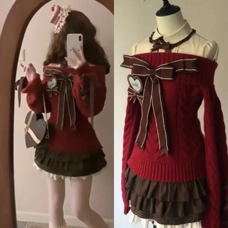 Свитер с бантом комплект юбки в стиле Лолиты женский Y2K Япония Kawaii ленивый на одно