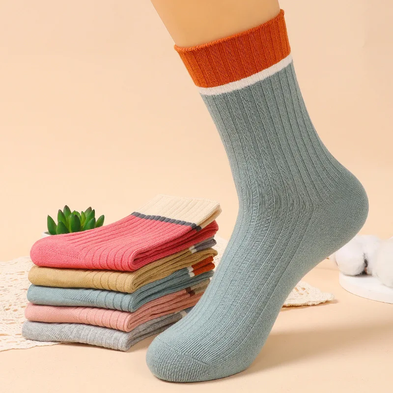 Classic New Loose Socks Women 200 Needles Cotton Knitting Rib Solid Colors 15 Kinds of 4 Seasons Basic Daily Women Socks
