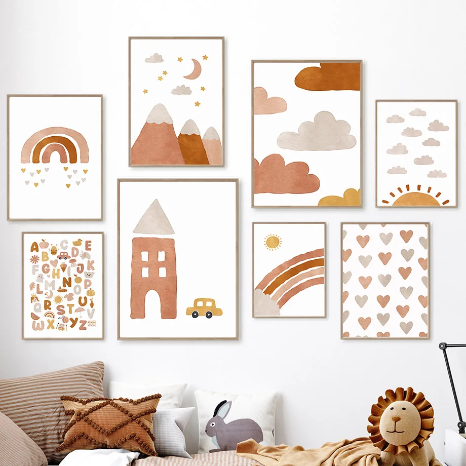 

Mountain Car Sun Moon Rainbow Cloud Alphabet Wall Art Nordic Cartoon Posters Pictures For Kids Room Decor Canvas Prints Painting
