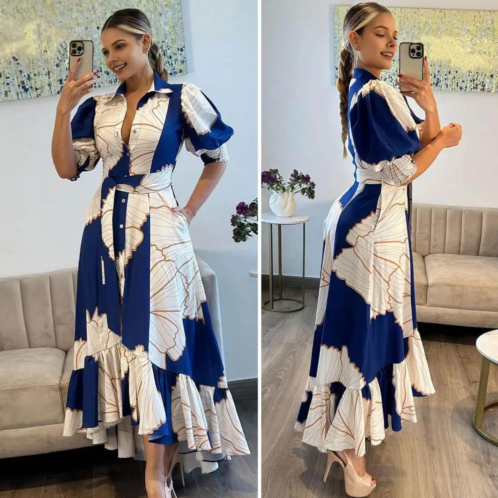 Платье-макси свободного кроя с отложным воротником и рукавами-фонариками