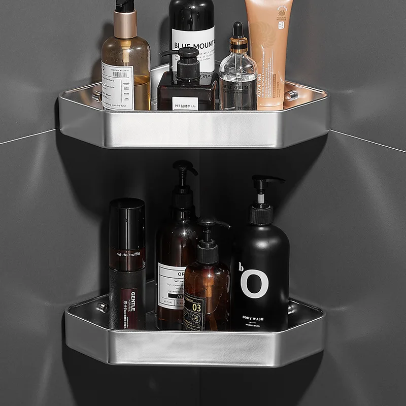 

Silver Grey Bathroom Shelf Organizer Shower Storage Rack Black Corner Shelves Wall Mounted Toilet Shampoo Holder No Drill