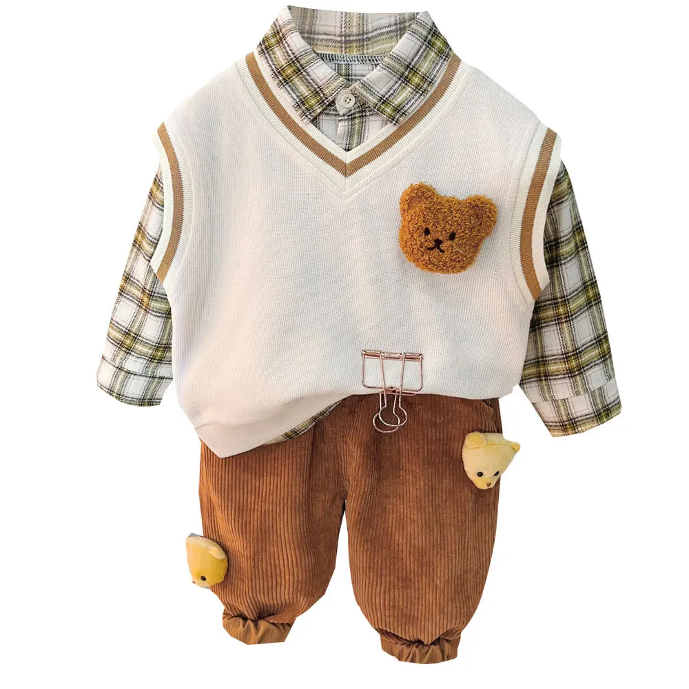 

Spring New Children's Long Sleeve Three-piece Vest Baby Sweater Bear Set Hooded Jacket Pants 2Pcs/Sets Infant Sportswear