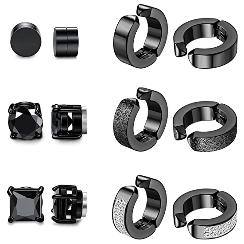 

6 Pairs Stainless Steel Magnetic Stud Earrings for Men Women Hoop Earrings Clip On CZ Non-Piercing Black All Ages