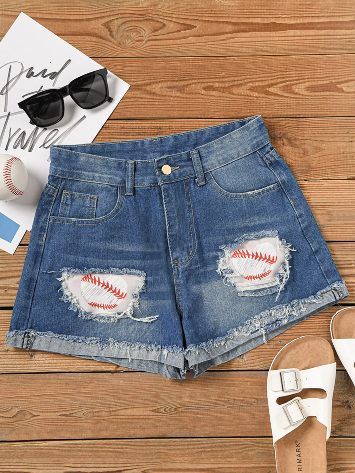 Women Fashion Ripped High Waisted Rolled Baseball Patch Pocket Denim Shorts Vintage Hole Summer Casual Short Jeans Hotpants