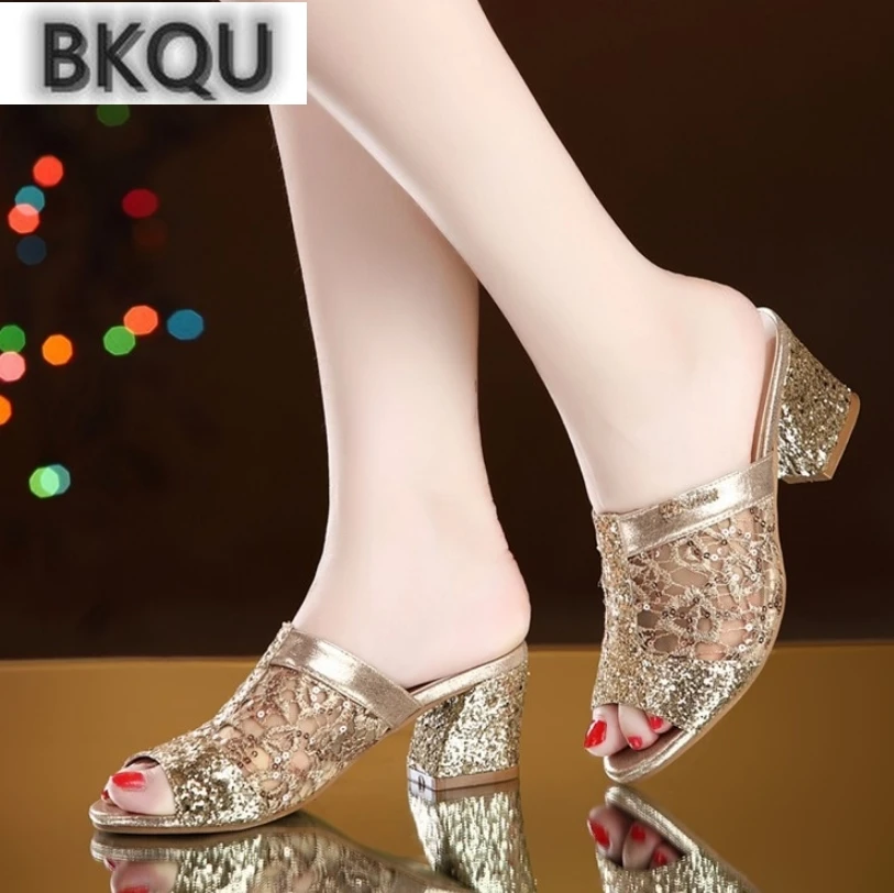

2022 Summer New Mesh Sequin Chunky Heel Sandals for Women Plus Size 35-43 Women's High Heel Sandals Fashion Women's Slippers