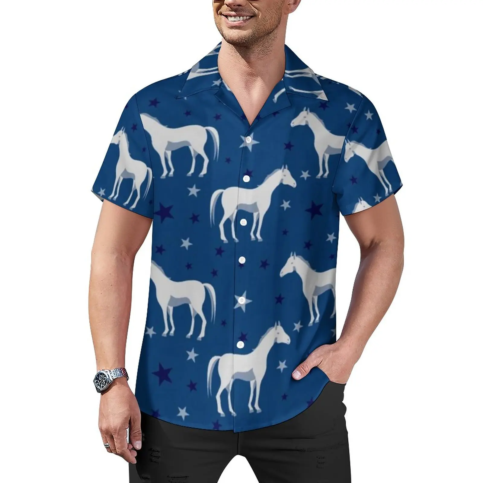 

White Horse Stars Casual Shirt Horses Trendy Blue Star Print Vacation Loose Shirt Hawaiian Fashion Blouses Short Sleeve Clothing