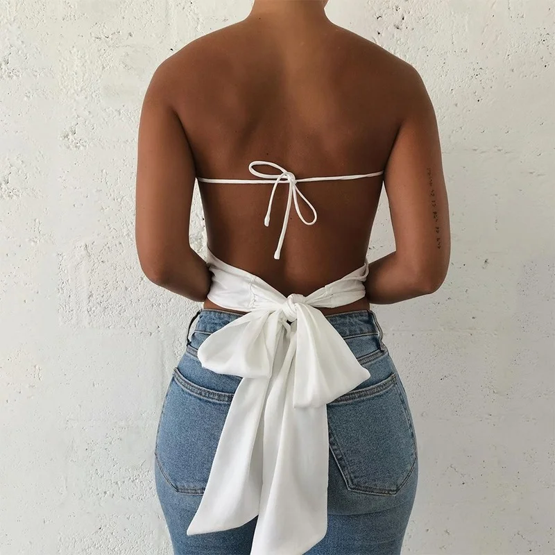 Halter Strap Fashion Satin Camisole Short Top Sleeveless Camisole Strap Bow Tie Womens Short Streetwear Gothic Top  Women Tops