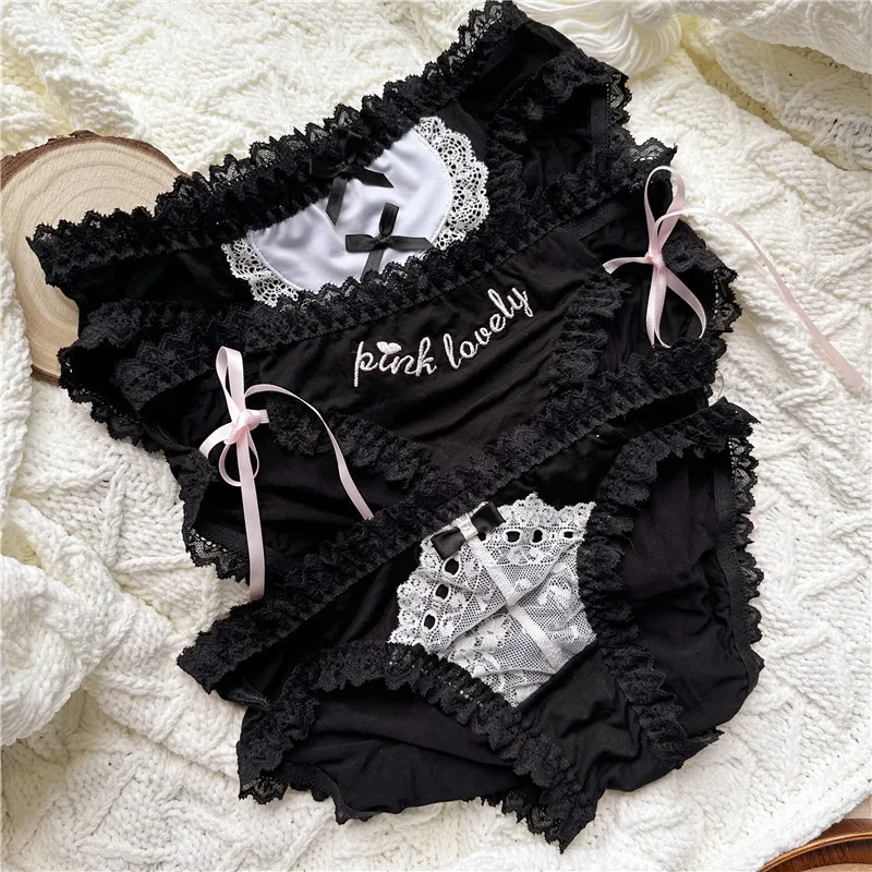 

Japanese Maid Series Black Bow Tie Can Be Sweet and Salty Lolita Cotton Breathable Lace Up Waist Underwear Cotton Lace WOMEN