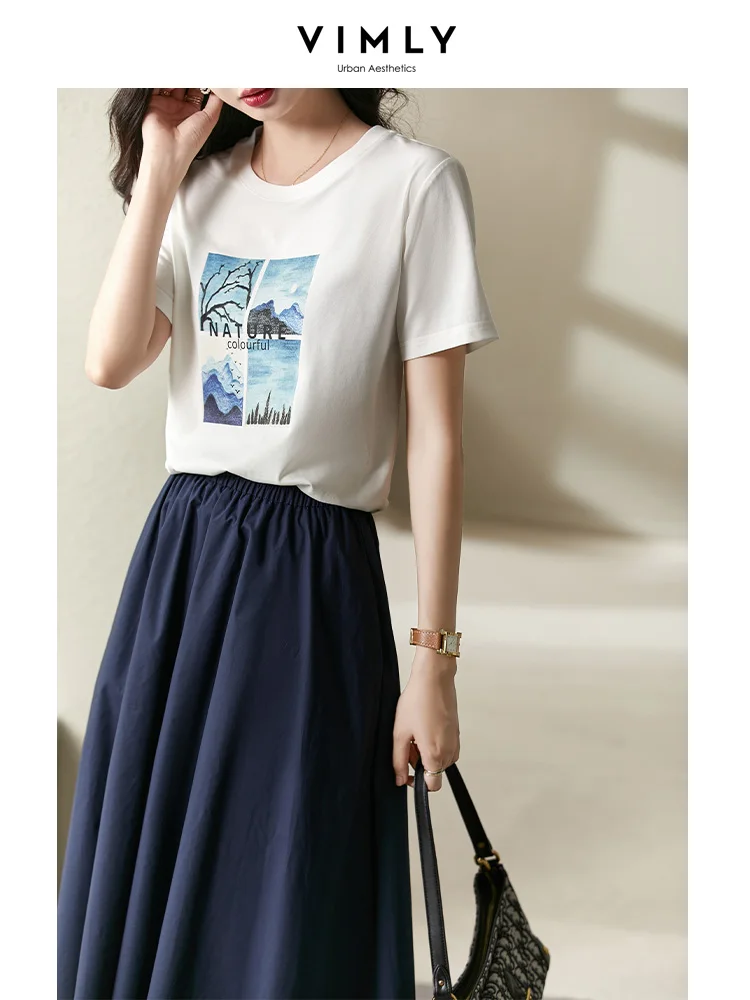 Vimly Two Piece Sets Womens Outifits Skirt Sets Summer Short Sleeve Spring 2023 New Printing T-shirt Set Fashion Skirt V6003