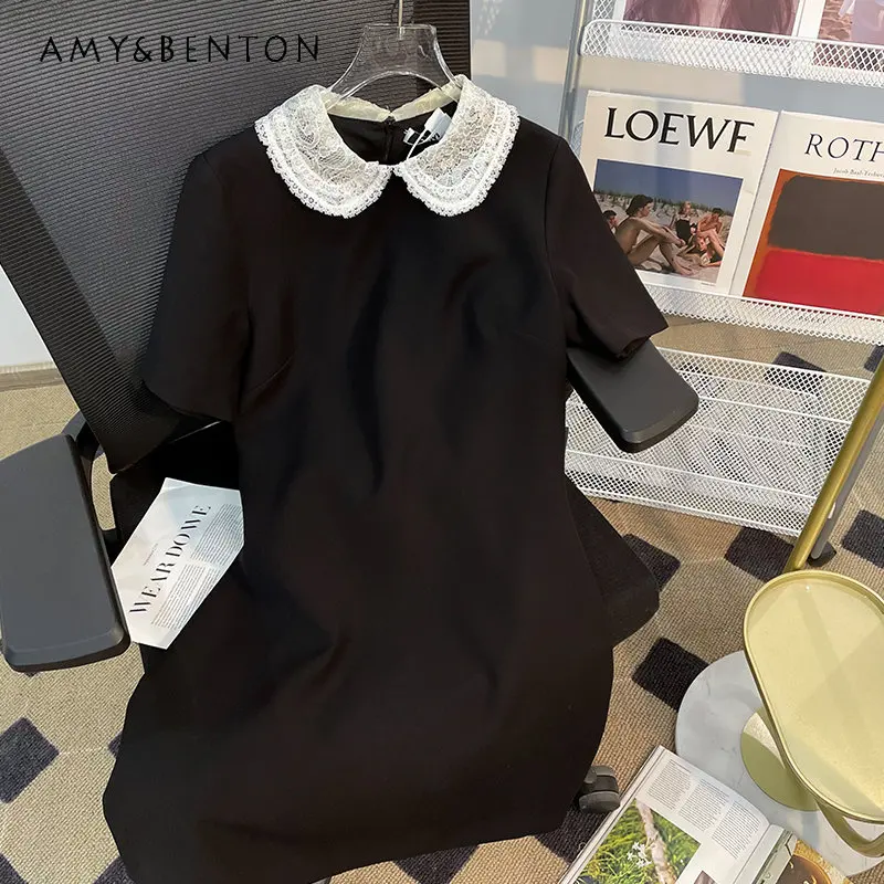 

Summer New French Hepburn Style Dress High-Grade Slimming Elegant Doll Collar Lace Short Sleeve Black Dress for Women