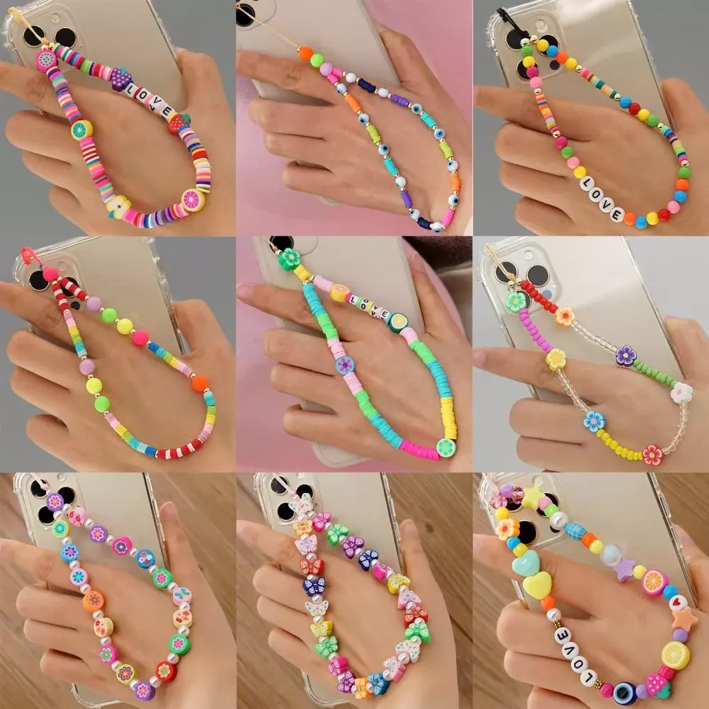 

New Colorful Acrylic Bead Mobile Phone Chain Cellphone Strap Anti-lost Lanyard Hand Wrist Lanyard Girls Phone Charm Hang Rope
