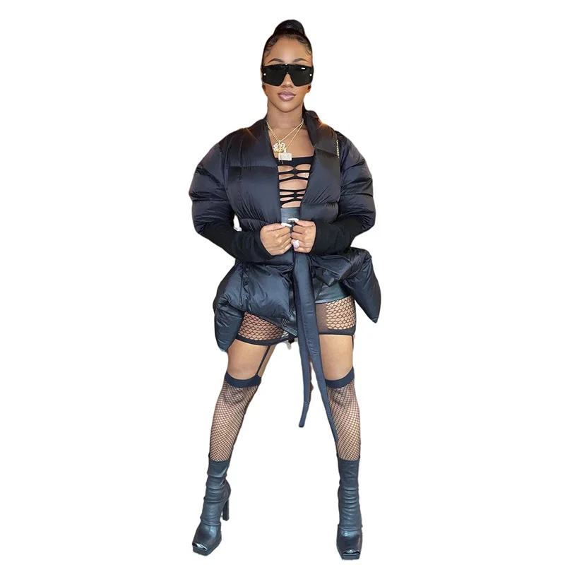 2021 Autumn and Winter Women's New Personality Lace-up Warmth and Thick Black Irregular Fashion Solid Color Cotton Jacket Winter