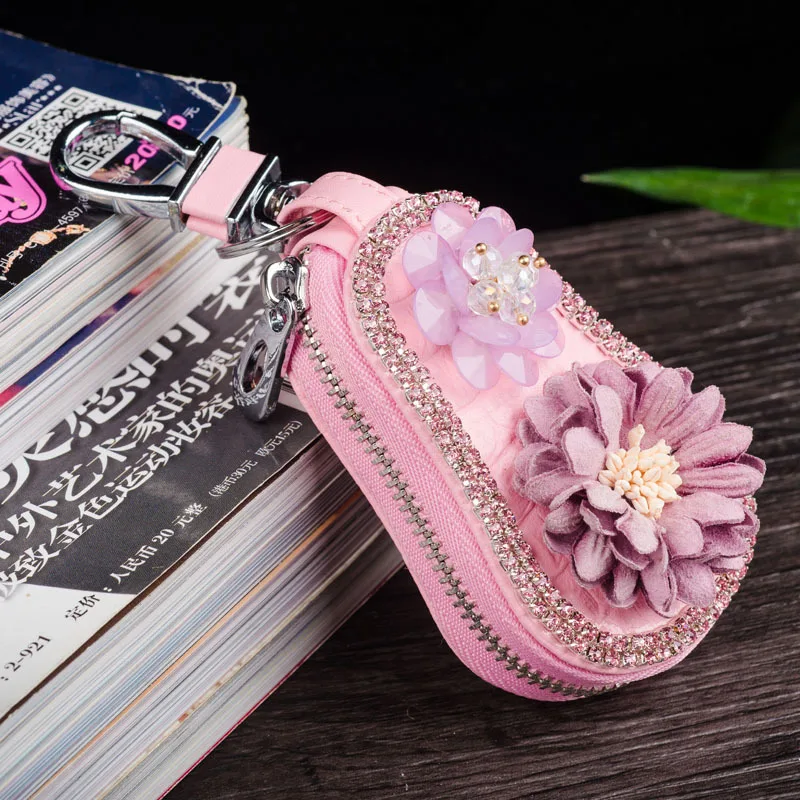 

Car Key Holder Sheath Rhinestone Key Bag Pearl Diy Diamond Encrusted Creative Daisy Diamond Key Case Metal Buckle Female Gift