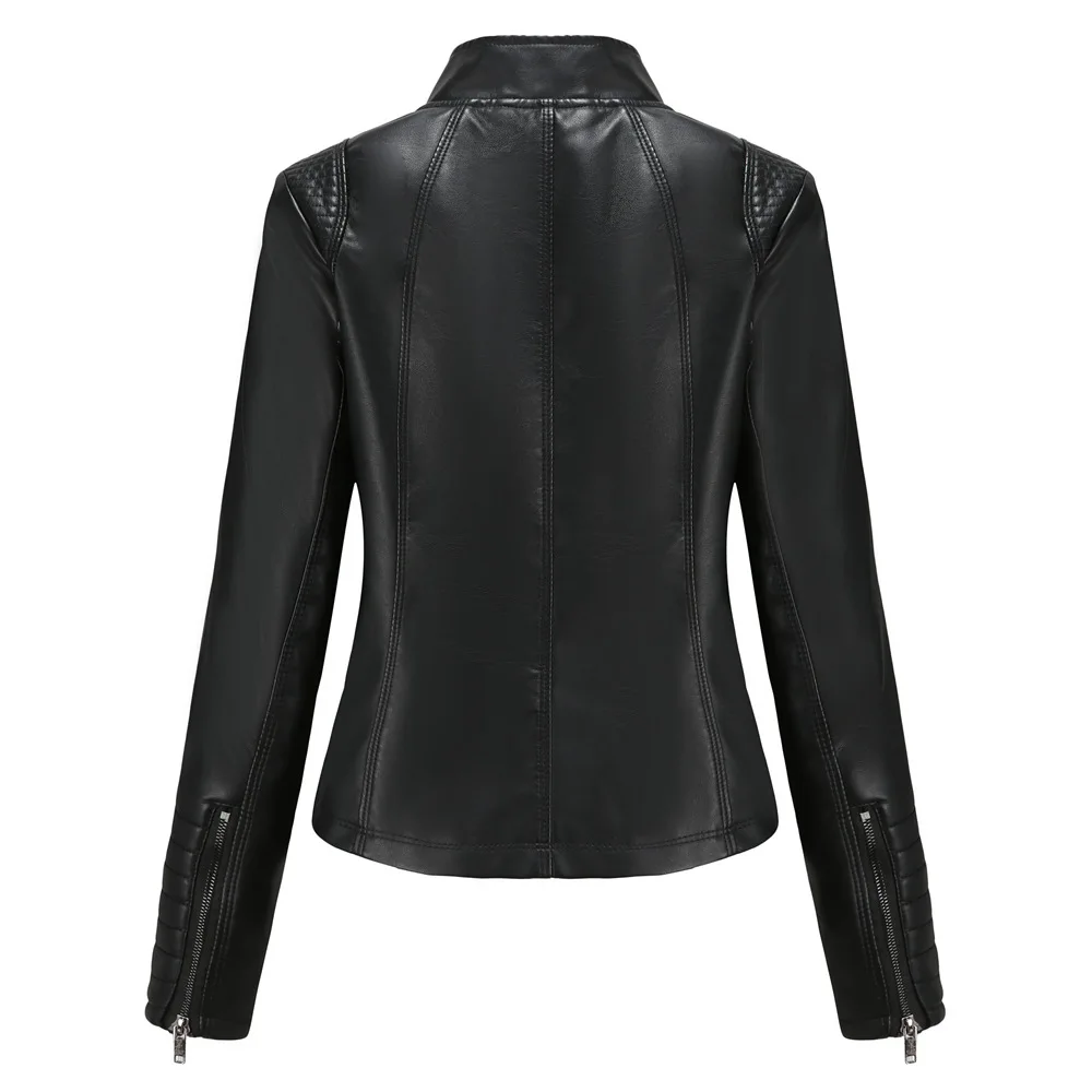 New Autumn Women Faux Leather Jacket Biker Red Khaki Coat Stand Collar PU Motorcycle Jackets Brown Slim Streetwear Outerwear