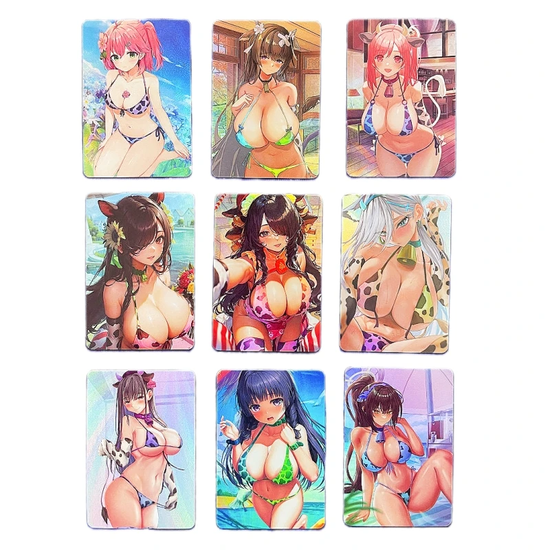 

9pcs/set ACG Sexy Cow Girl Kawaii Animation Characters Refraction Flash Card Anime Classics Game Collection Cards Toy Gift