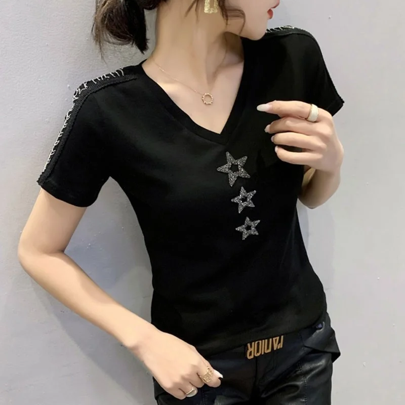 

Черная футболка #5282, женская сексуальная Базовая облегающая футболка с V-образным вырезом и звездами со стразами, женская футболка с коротки...