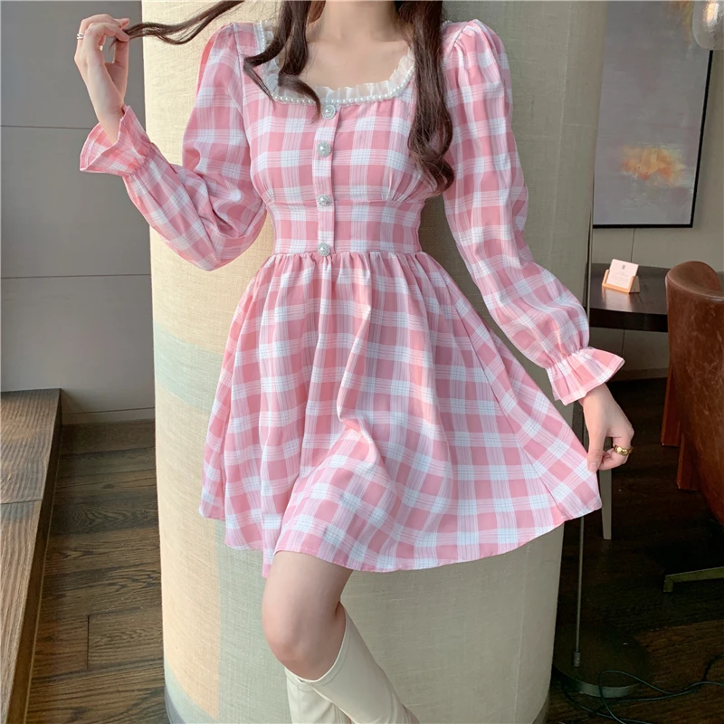 

Japanese Spring Women Mini Lolita Dress Square Collar With Lace Pink Plaid Beading Dress Flare Sleeve Cute Kawaii Feminine Dress