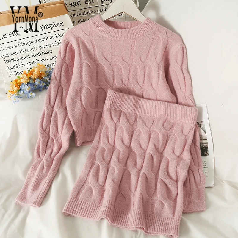 

YornMona Chic Fashion Y2K Pink Women Two Piece Sets Autumn Winter Long Sleeve Knitted Tops + High Waist Wrap Hips Mini Skirts