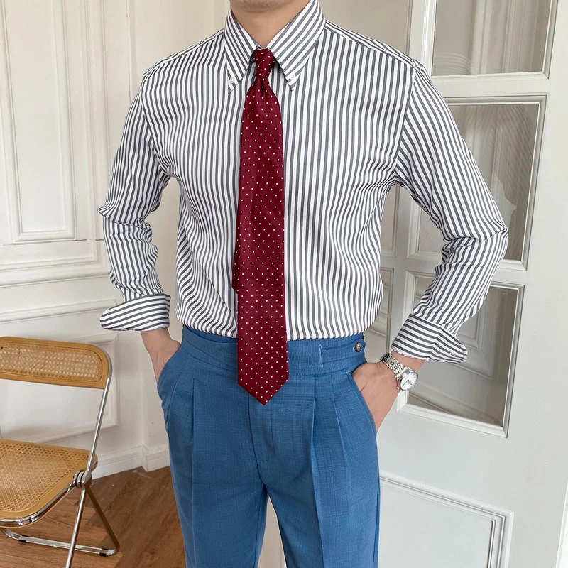 2022 Summer Classic Striped Shirts Men Long Sleeve Business Formal Dress Shirt High Quality Slim Casual Social Tops Men Clothing