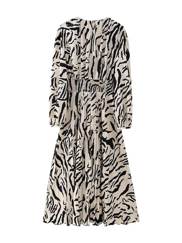 PB&ZA Elegant Women Dresses A-line Print Loose Long Sleeve Adjustable Waist V-neck Lady Long Shirtwaist Dresses Mujer Vestidos