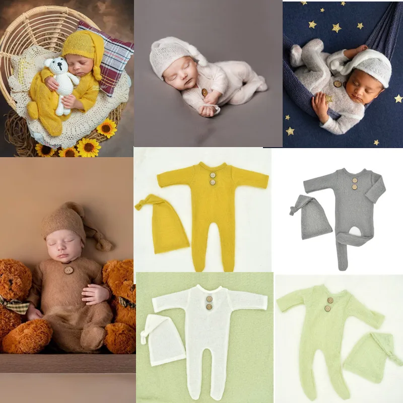 Newborn Photography Clothing Mohair HAT + Jumpsuit Two-Piece Studio Photograph Props Accessories Baby 0-1 Month Photos Costume
