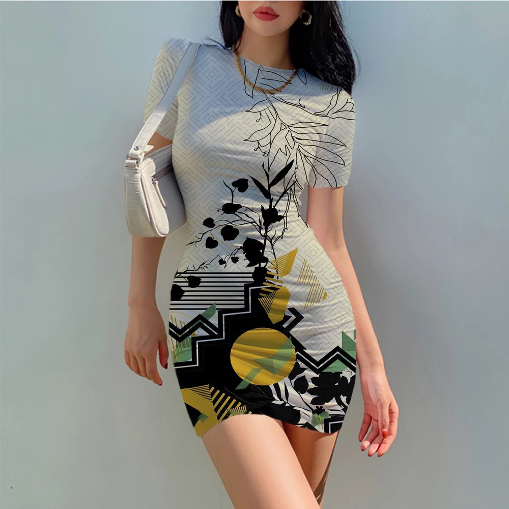 

Summer Vestido Boho Slim Dress Short Sleeve Women's Solid Tight Stretch Mini Dress O Neck Casual Slim Pencil Skirt