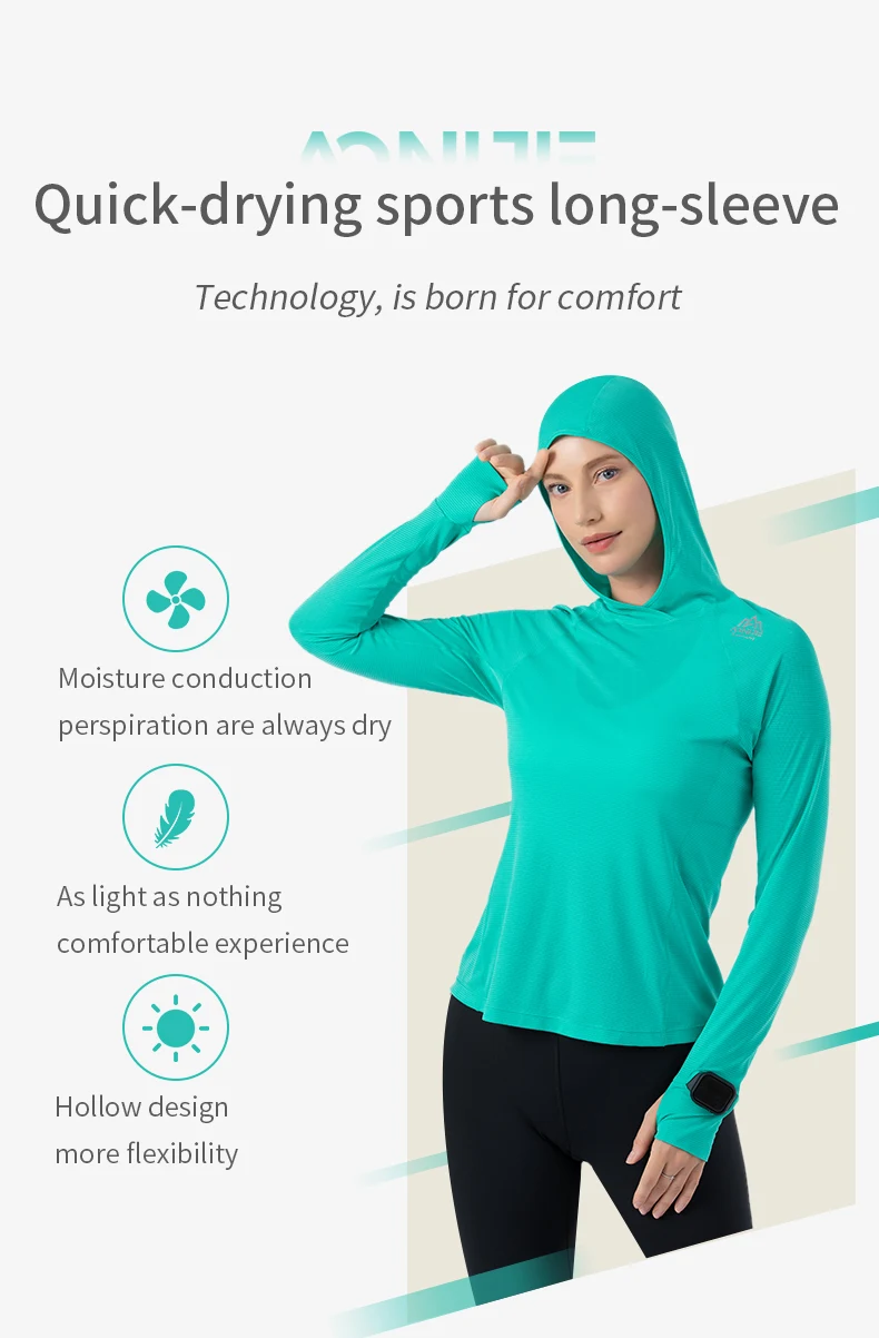 AONIJIE FW5146 Women Female Sports Quick Drying Hooded Long-sleeved Shirt With Finger Hole Spring Fall For Running Gym