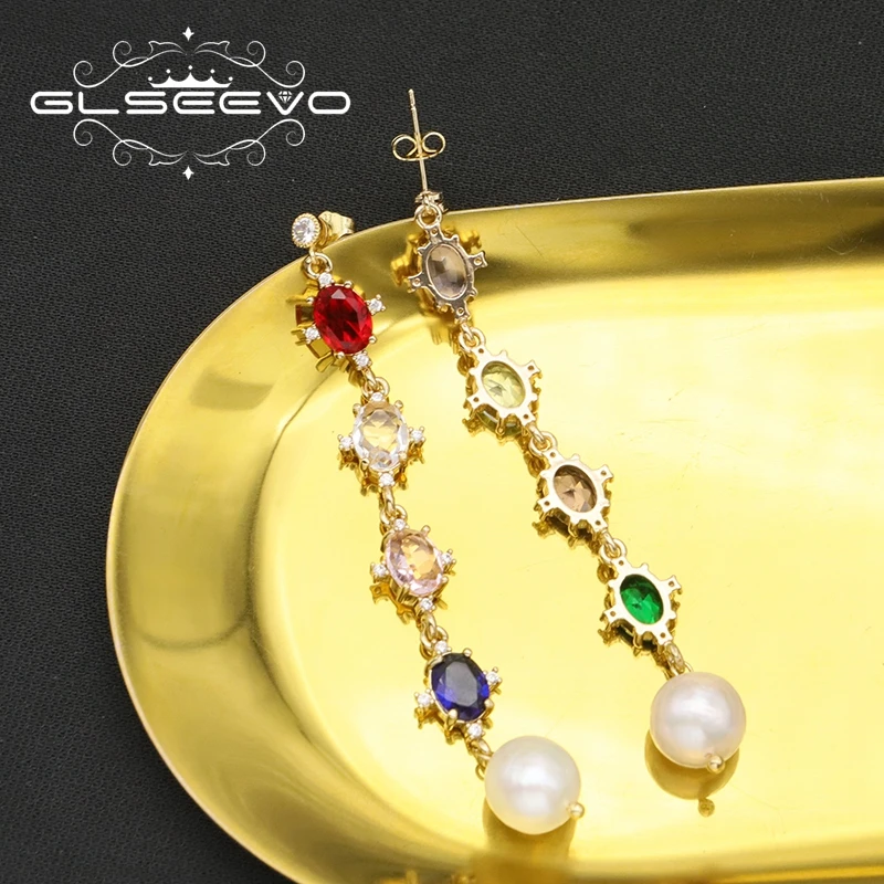 

GLSEEVO Shining Colored Zircon Natural Freshwater Pearls Woman Pendant Earrings Luxury Fashion Fine Jewelry Wedding Gifts GE1202