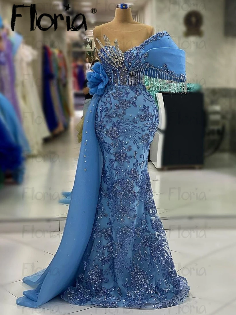 

Middle East Gorgeous Blue Party Dress With Illusion Neck Side Train for Women Wedding Evening Night Gowns Custom Made De Soiree