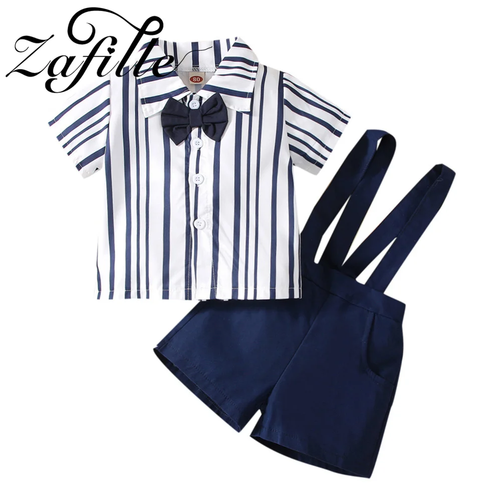 

ZAFILLE 2022 Baby Boys Set Striped Top+Solid Overalls Handsome Kids Toddler Costume 3-24M Baby Clothes Summer Children's Outfits