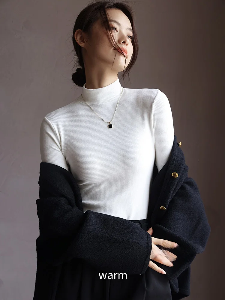 Black Bottoming Shirt Women Autumn and Winter Inner wear Can Be Worn outside Half-high Collar Dralon Fleece-lined Thickened W...