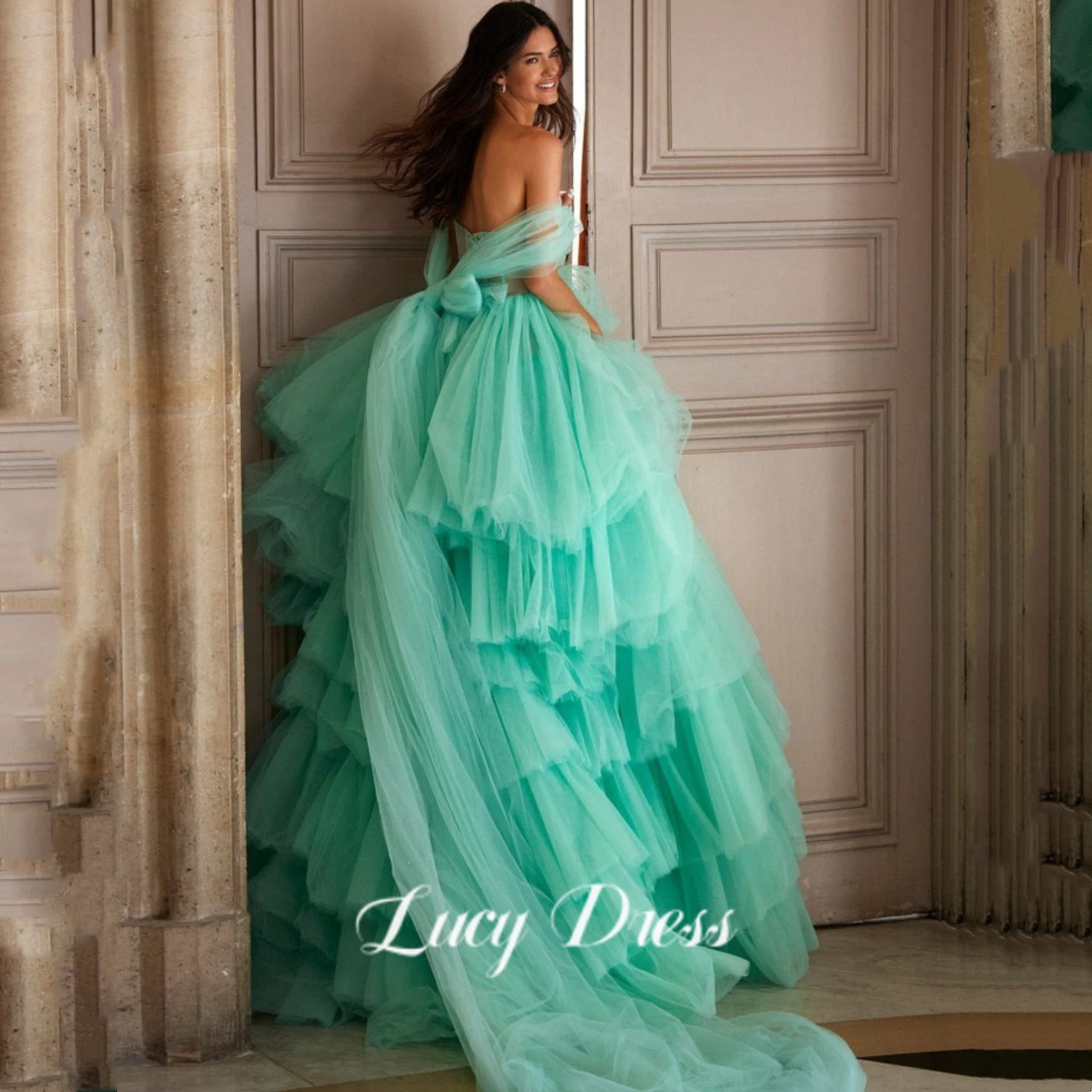 

Dreamlike Frill-Layered Mint Green Maxi Dresses A-line Long Tiered Tutu Tulle Bridal Dresses With DIY Bow Women Party Dress