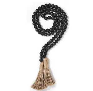 58in Wood Bead Garland with Tassels Farmhouse Beads Rustic Country Decor Prayer Boho Beads Wall Hanging Decoration Room Decor