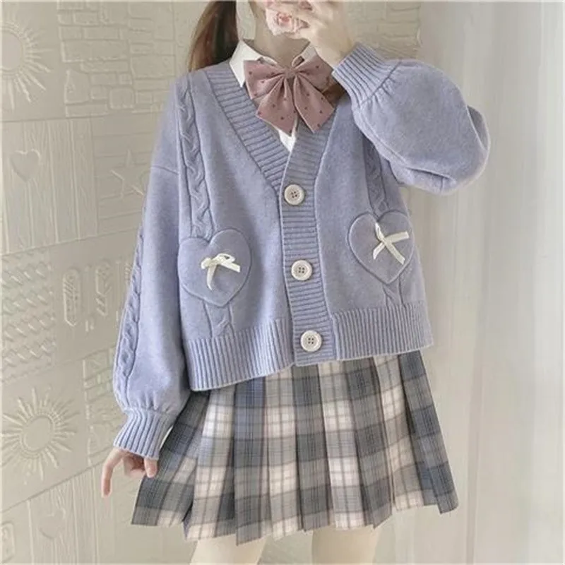 

Весеннее школьное пальто Lolita JK в японском стиле Kawaii кардиган женский винтажный укороченный вязаный свитер милый свитер с v-образным вырезом и бантом