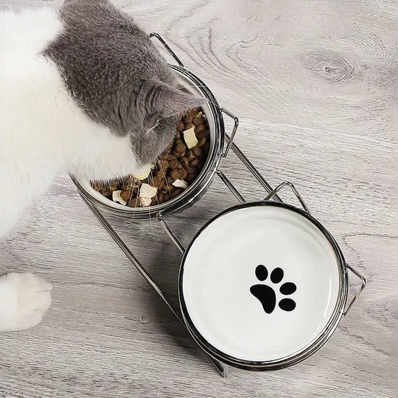 Ulmpp Cat Bowl Ceramic Detachable with Metal Stand Mat Kitten Puppy Food Feeding Double Dish Elevated Water Feeder Dog Supplies