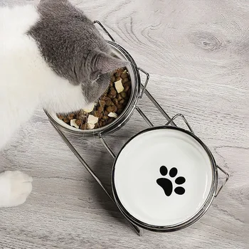 Ulmpp Cat Bowl Ceramic Detachable with Metal Stand Mat Kitten Puppy Food Feeding Double Dish Elevated Water Feeder Dog Supplies