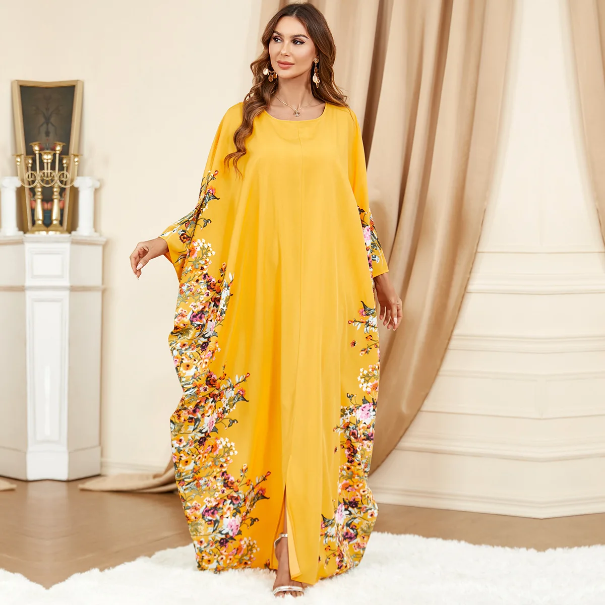 African Dresses for Women Yellow African Long Sleeve Polyester Plus Size Printing Long Dress African Robes Muslim Fashion Abaya