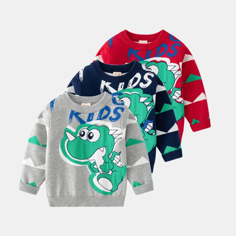 

Свитер для мальчиков 2-7 лет детский осенне-зимний утепленный пуловер Топ с шипами и динозаврами жаккардовый тонкий хлопковый двухслойный с...