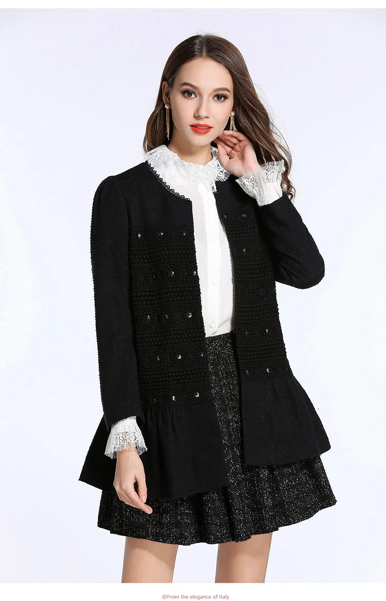 

Женский весенний модный ретро-топ gowanы, Элегантное повседневное черное пальто средней длины с бусинами и круглым вырезом и оборками