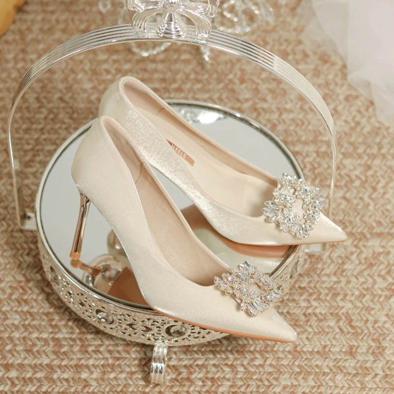 Women's Crystal Square Buckle High Heels Pumps 2023 Elegant Silk Thin Heeled Wedding Shoes Woman Slip On Pointed Toe Dress Shoes