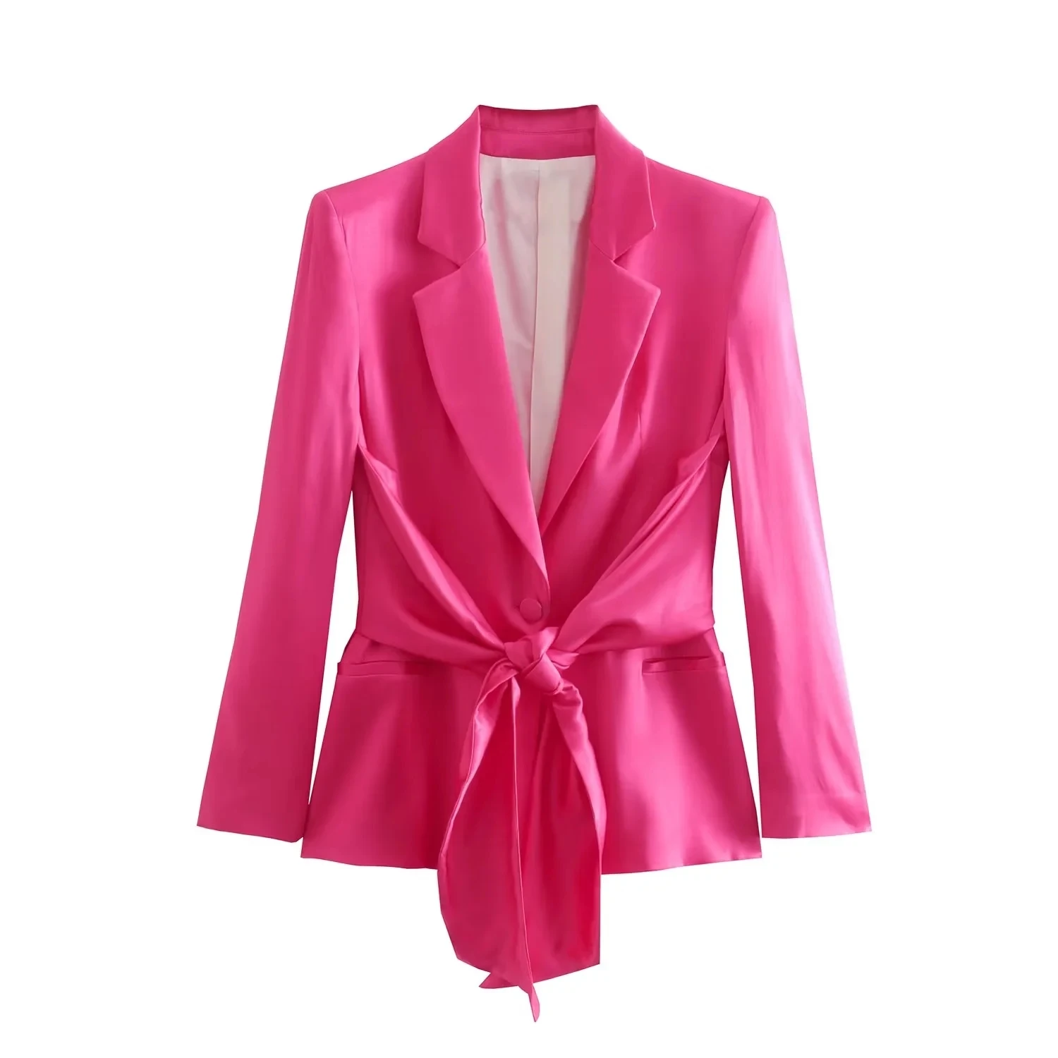 Maxdutti England Style Rose Color Fashion Satin Silk Blazers Tops  Sashes Notched Jackets Women