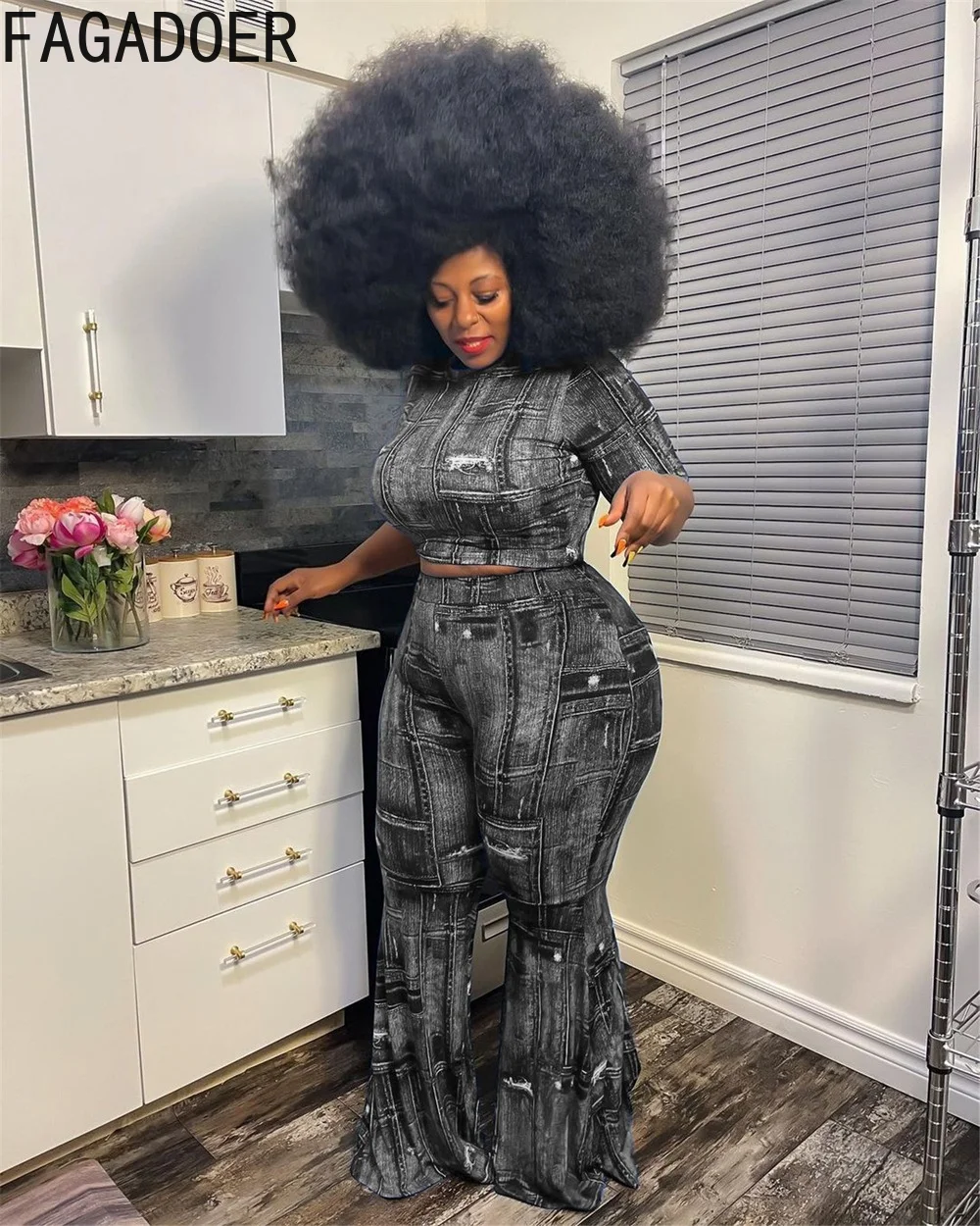 FAGADOER Cowboy Print Plus Size Flares Pants Two Piece Sets Women Short Sleeve Crop Top + Pants Tracksuits Female Streetwear 4XL