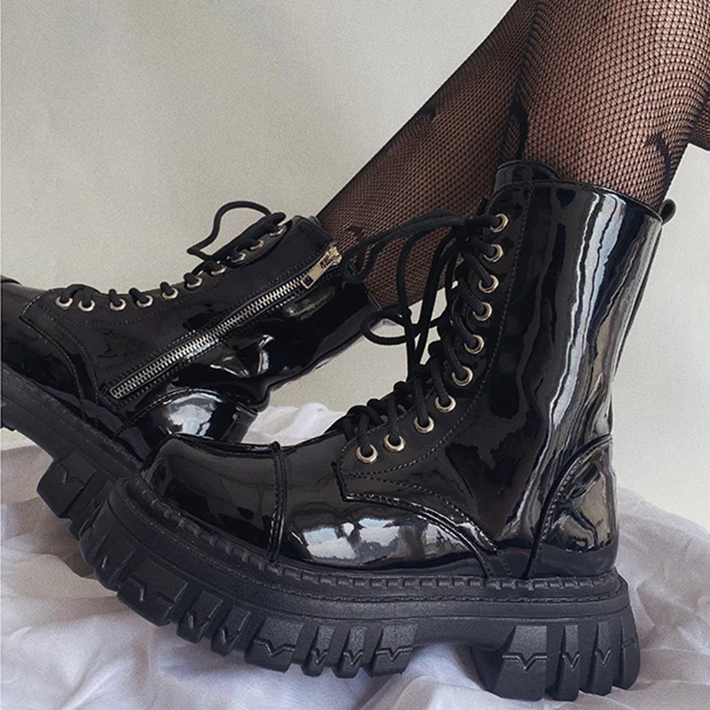 

Lucyever Patent Leather Punk Motorcycle Boots Women 2022 Lace Up Platform Ankle Boots Woman Thick Bottom Short Booties Mujer