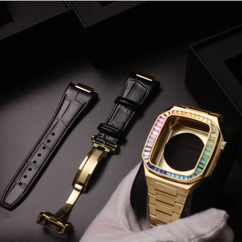 Luxury Diamond Stainless Steel Case Modification Kit for Apple Watch 6 5 4 SE Rubber＆Leather Band IWatch Series 44mm Refit Mod